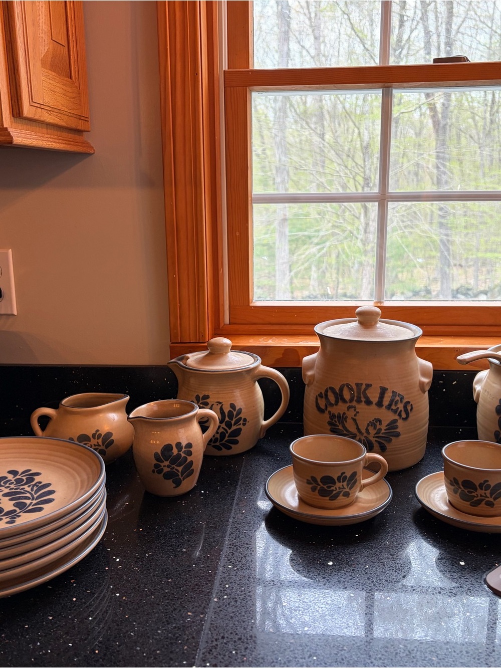 Stoneware Cookie Jar and Matching Dinnerware Set in Tan with Blue Floral